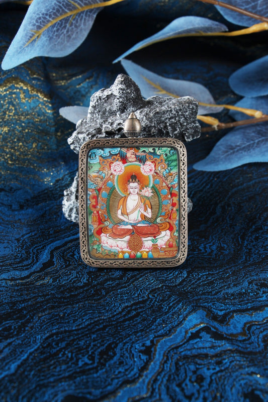 A high-end 4x5cm hand-painted Mahasthamaprapta (Dashizhi) Thangka in Menri style, featuring the Bodhisattva of Wisdom in a silver Nine-Colored Deer frame.