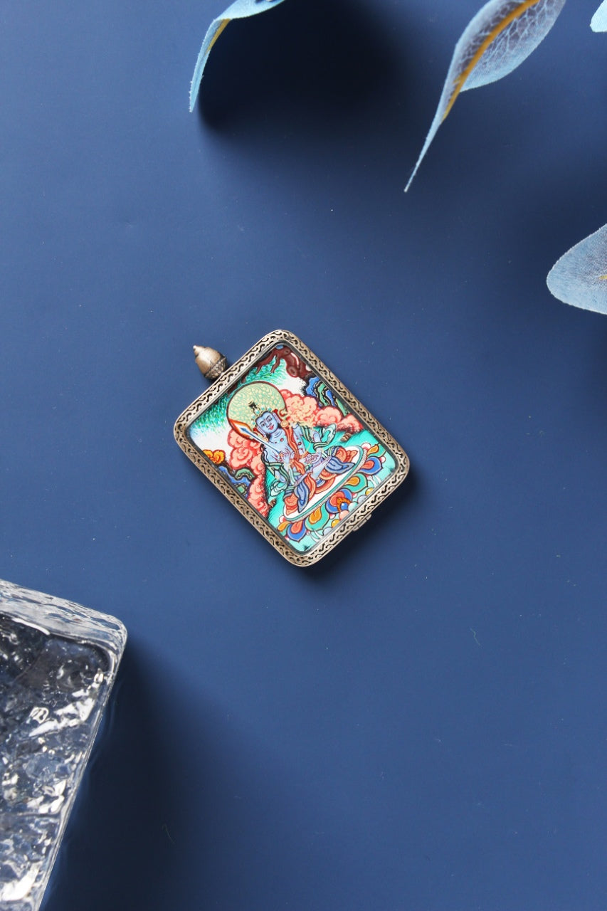 S925 Sterling Silver casing with Dunhuang Nine-Colored Deer relief, showing the artisanal protection for the sacred Tibetan Akasagarbha artwork.