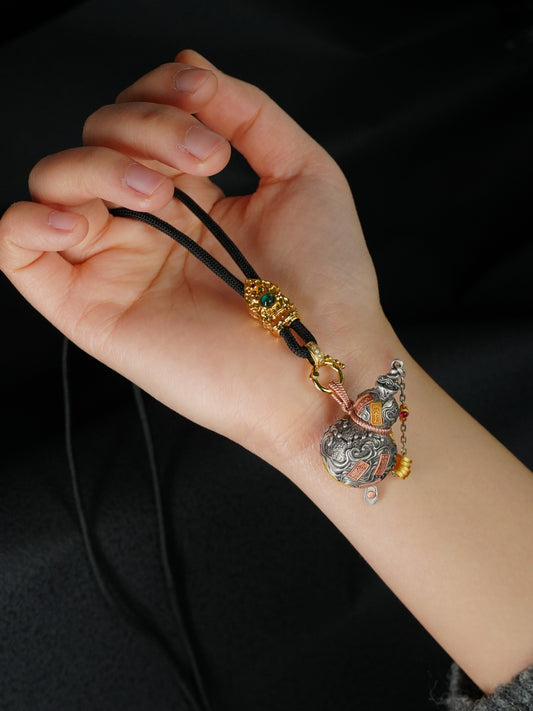 Handmade 925 sterling silver 24K gold-plated Five Thunders Gourd (Hulu) pendant, a core piece of Oriental sacrificial implements culture for protection.