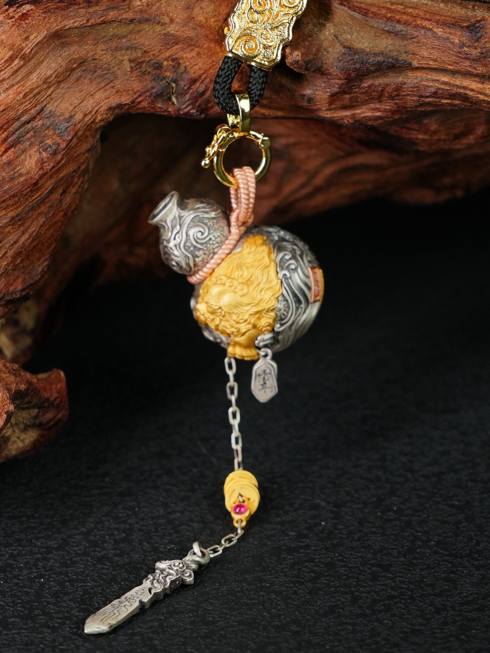 Exquisite sacrificial items art featuring a hand-carved Gourd with the "Five Thunders Order"  and internal sword-nourishing symbolism.