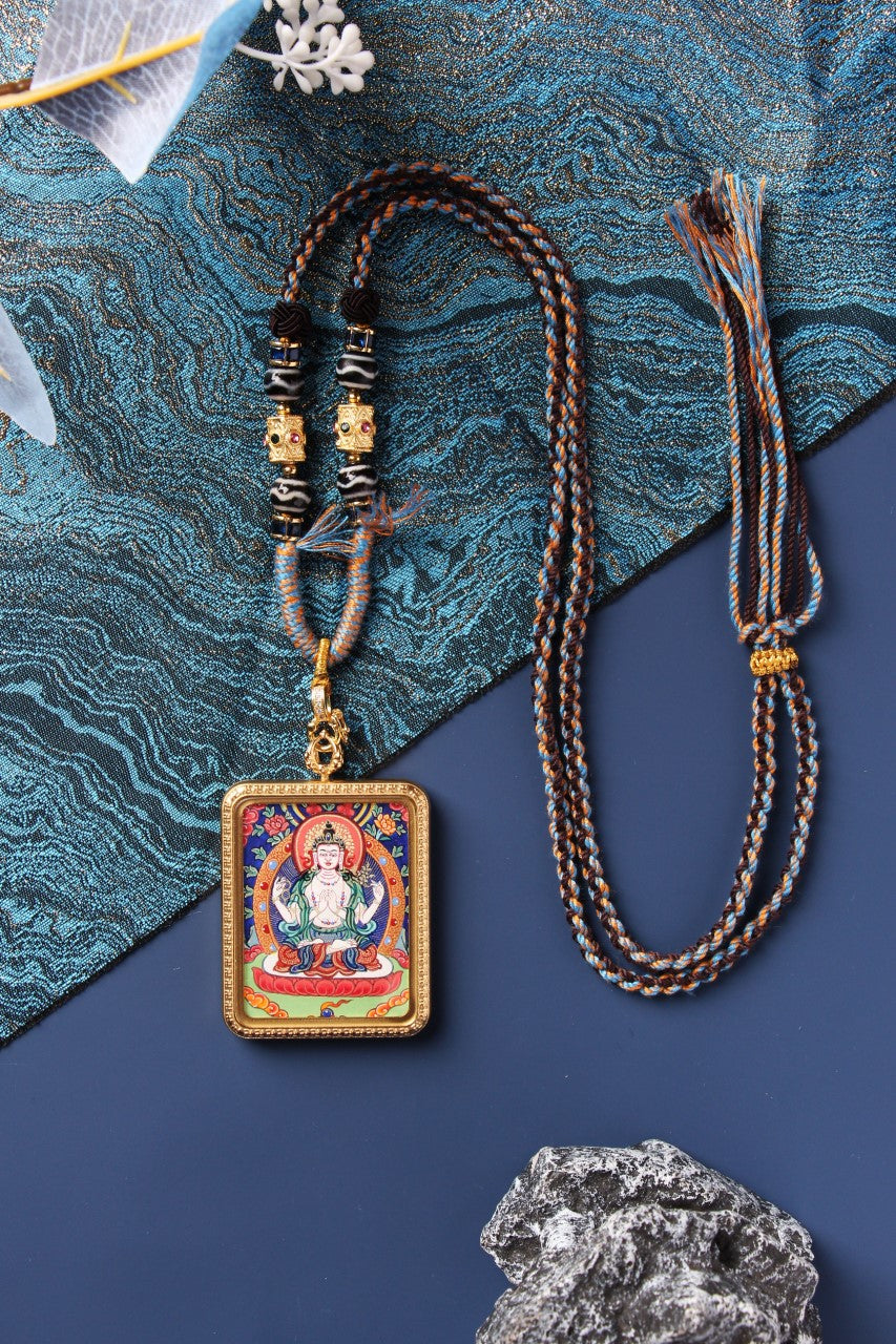 Micro-detail of the snow-white Avalokiteshvara painting showing the hair-thin lines and pure gold powder used in Rebgong artistry.