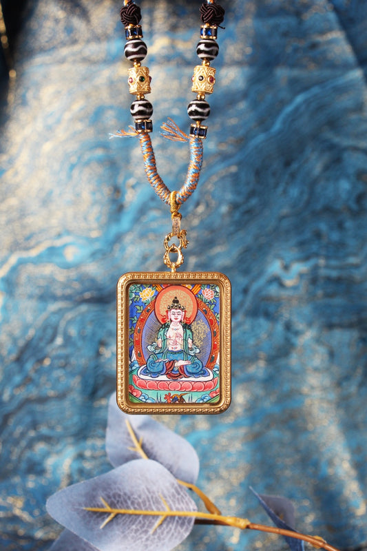Hand-painted Rebgong Samantabhadra Thangka pendant, sacred patron for the Year of the Dragon and Snake.