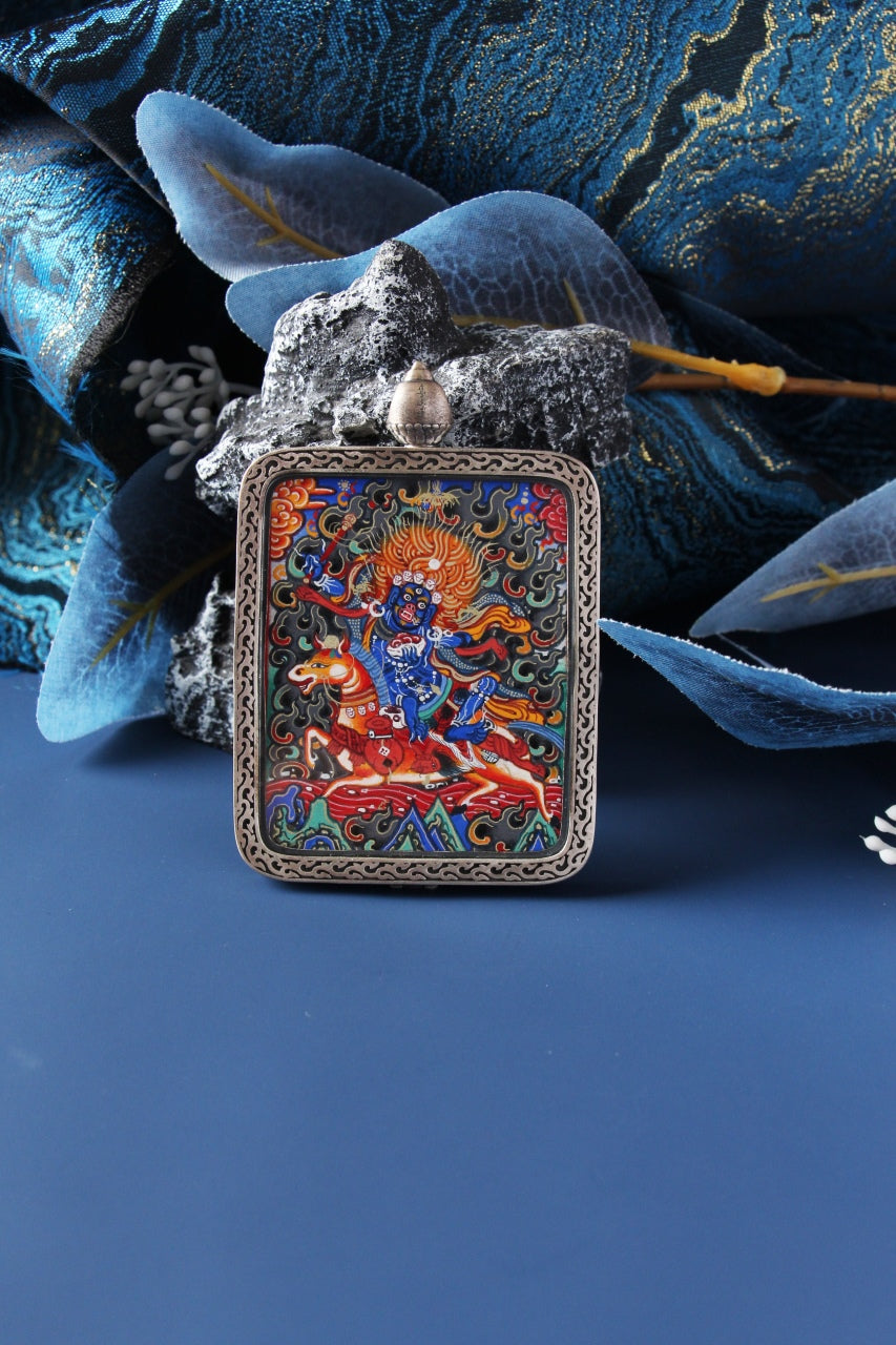 Hand-painted Tibetan Thangka pendants paired with traditional bead necklaces for spiritual protection and wealth.