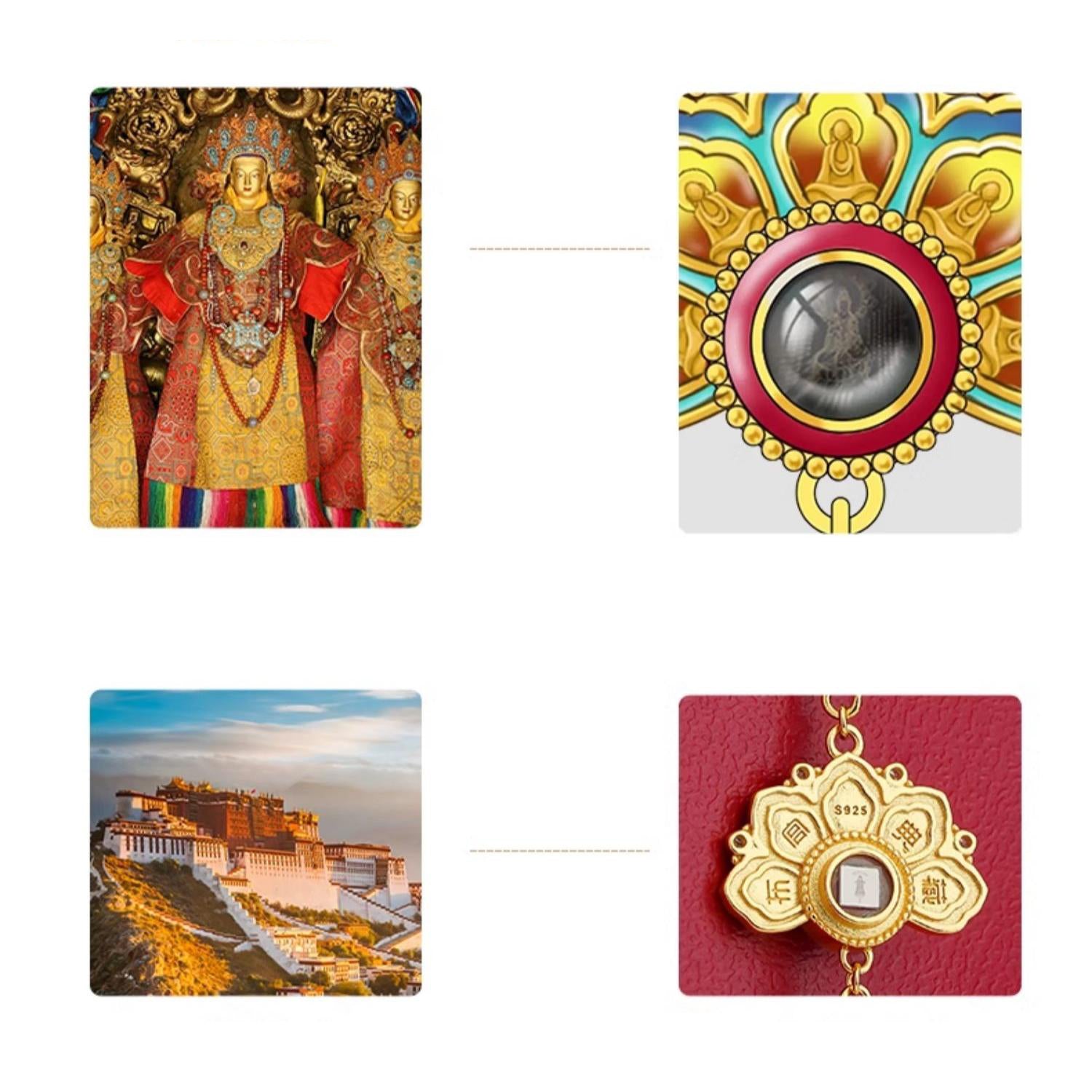 Tibetan Buddhist Longevity and Joy Pendant with Crown Design, 925 Silver