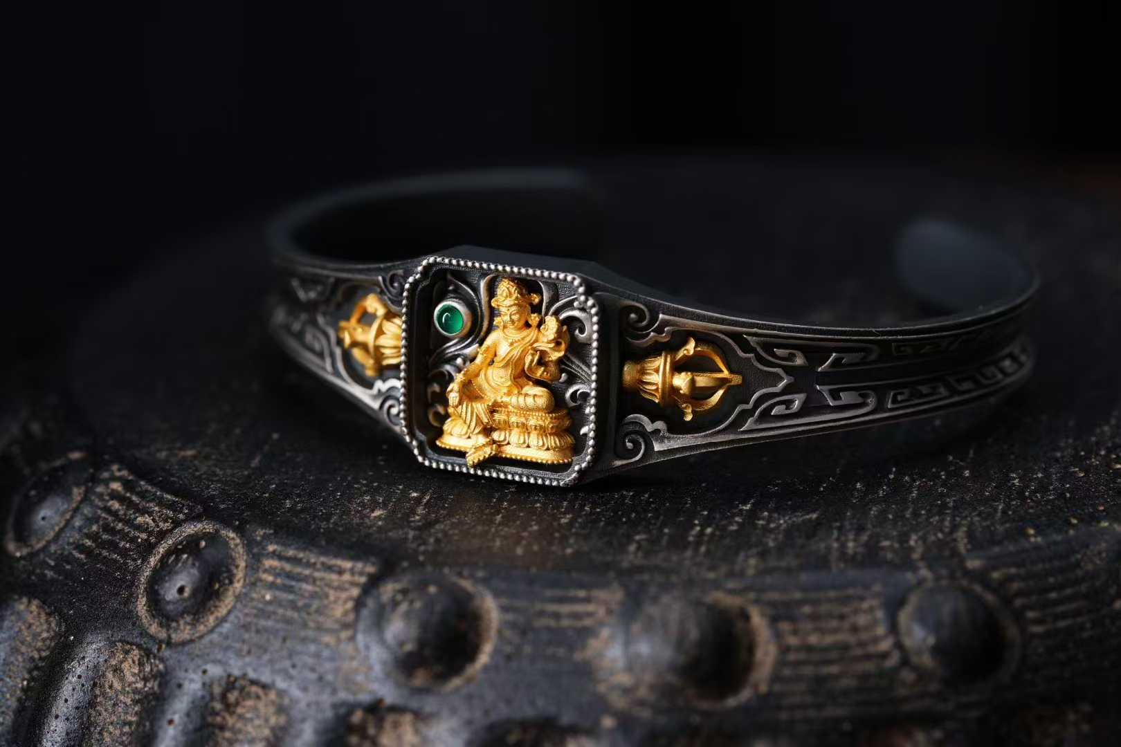 Tibetan Buddhist 925 silver Green Tara bracelet, handcrafted with fine inlay.