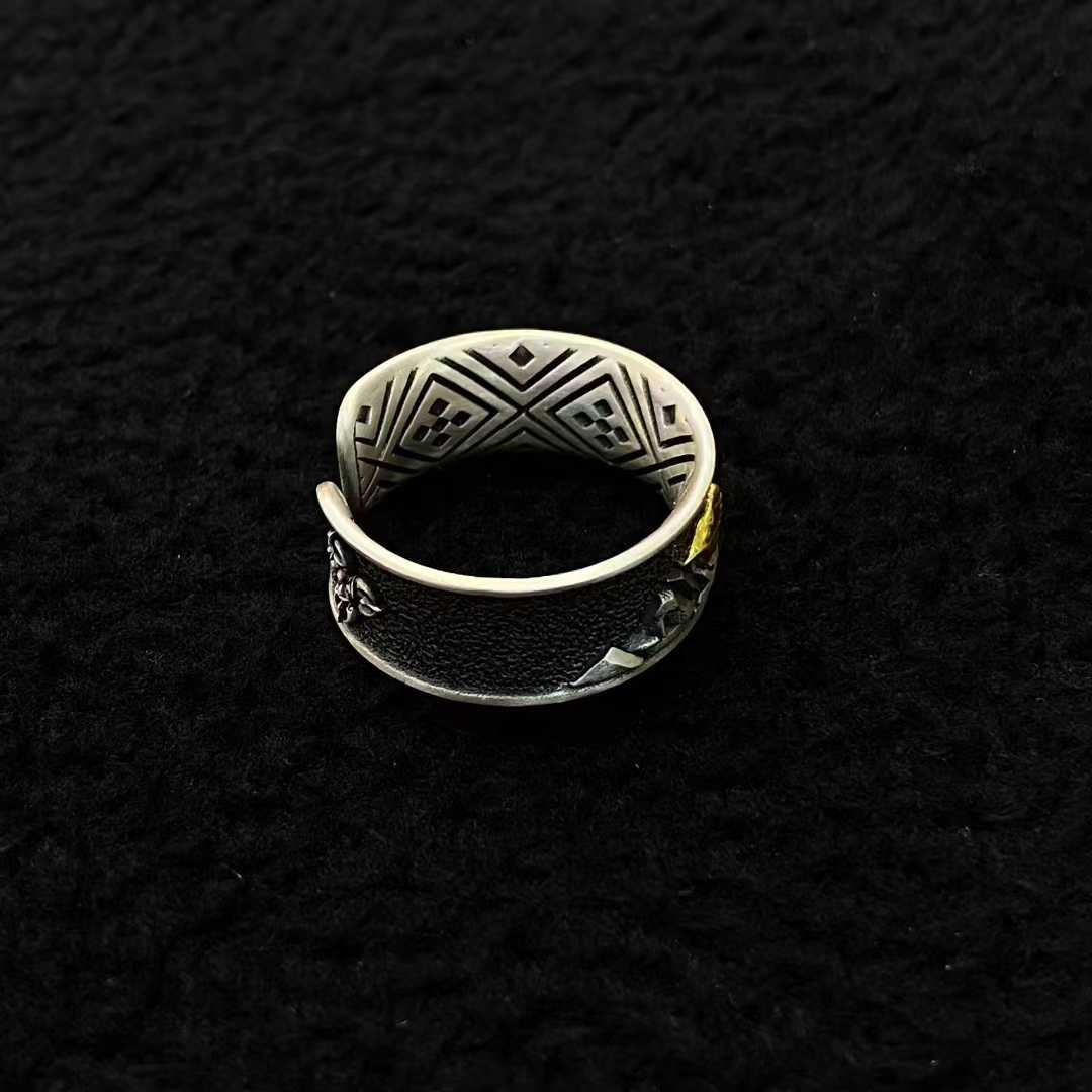 Tibetan Buddhist Kailash ring, handcrafted with gold and silver inlay, sacred jewelry.