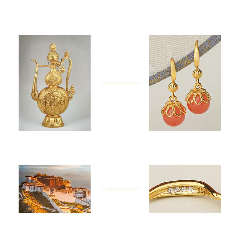 "Tibetan Buddhist ear pendants featuring South Red Coral and 925 silver, symbolizing purity and the path to enlightenment."