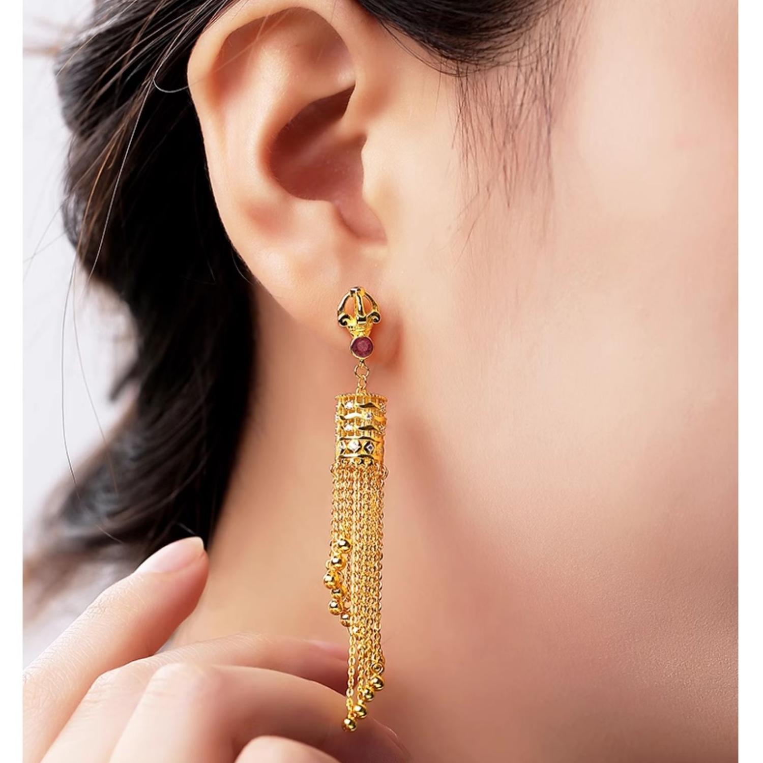 "925 silver Wanfu Jinan earrings with cubic zirconia, handmade to represent spiritual wealth and the flow of positive energy."