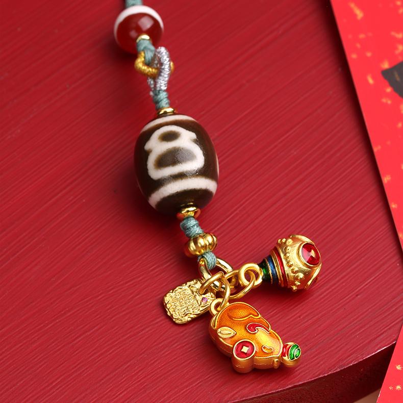 Tibetan Buddhist Caicai Tianzu pendant with zinc alloy wealth charms and agate beads.