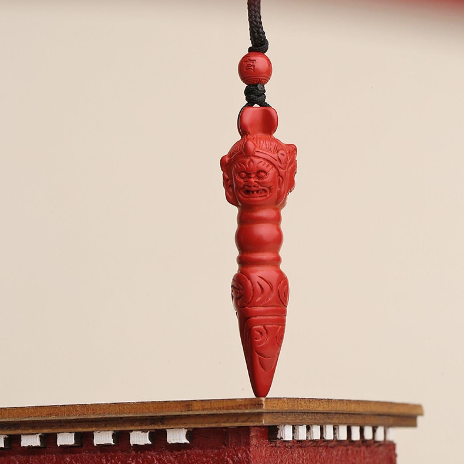 Qi Tian Le cinnabar pendant, 66cm adjustable cord, handcrafted Tibetan jewelry.