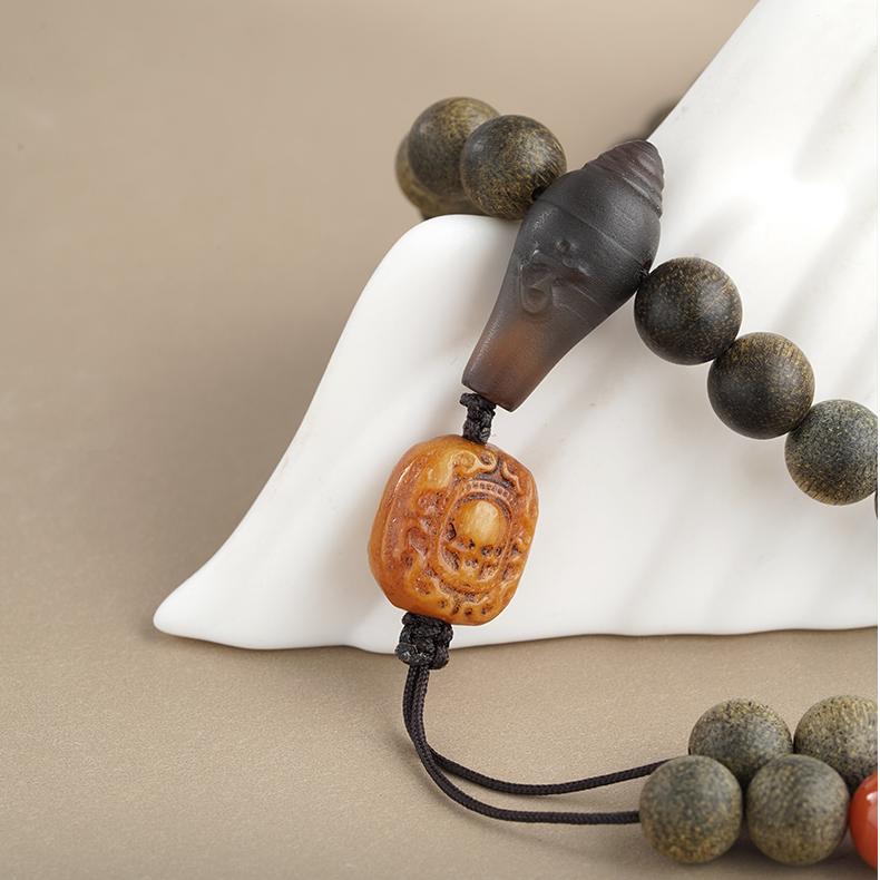 Artisan Tibetan agarwood 108 beads necklace featuring 925 silver and glass accents.