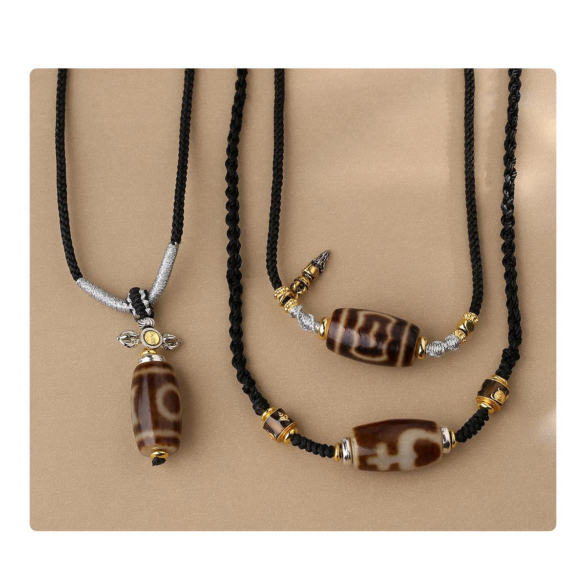Handmade Tibetan Buddhist treasure vase Dzi agate necklace crafted for prosperity and blessings.
