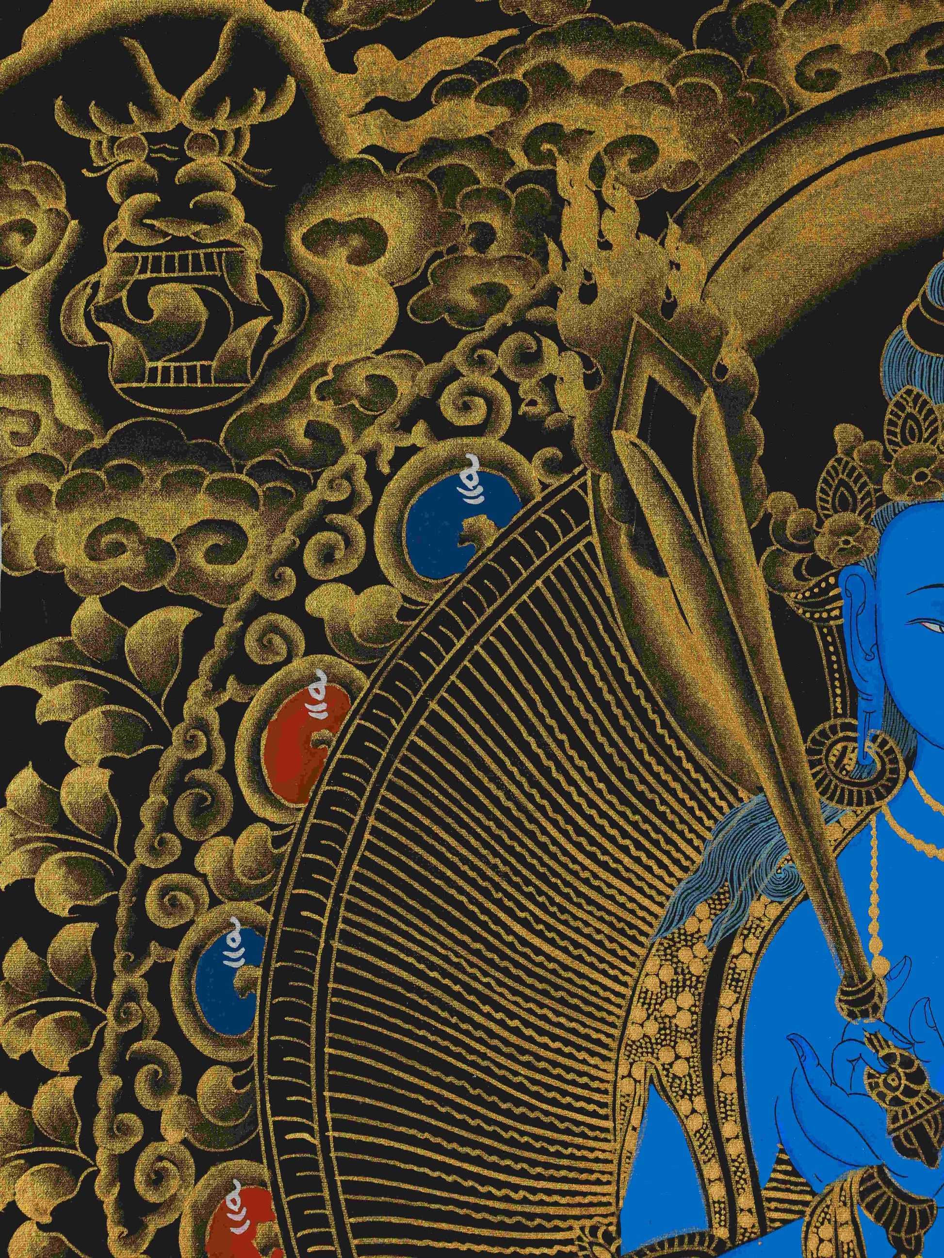 Black and Gold Tibetan Thangka Painting of Akasagarbha Bodhisattva – handcrafted Buddhist thangka art.