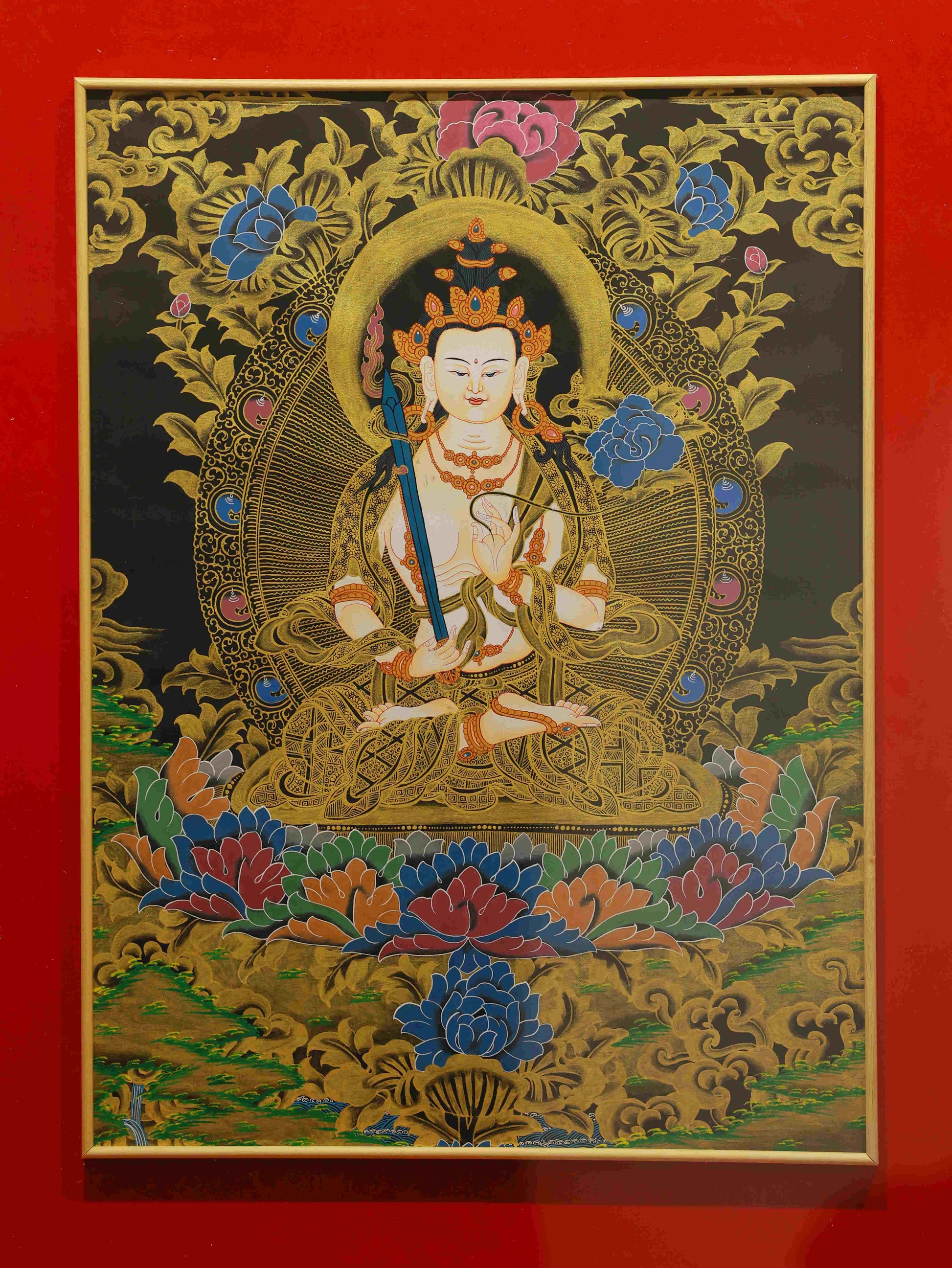 Tibetan Buddhist Thangka Painting of Akasagarbha Bodhisattva – handmade sacred art representing boundless compassion and knowledge.