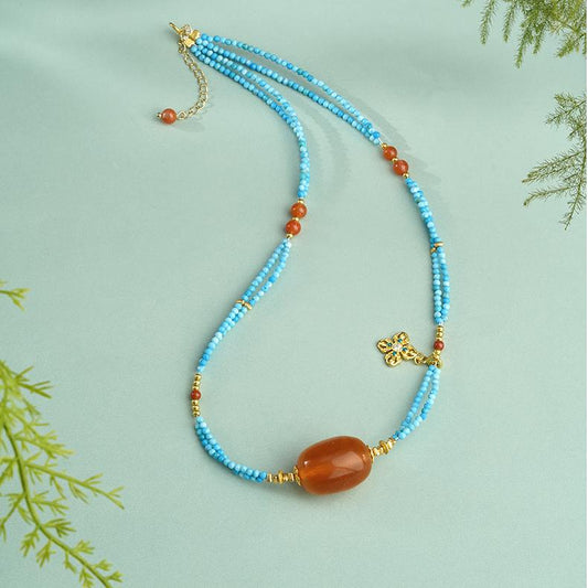 Tibetan amber jewelry symbolizing warmth, light, and compassion, handcrafted with turquoise and silver.