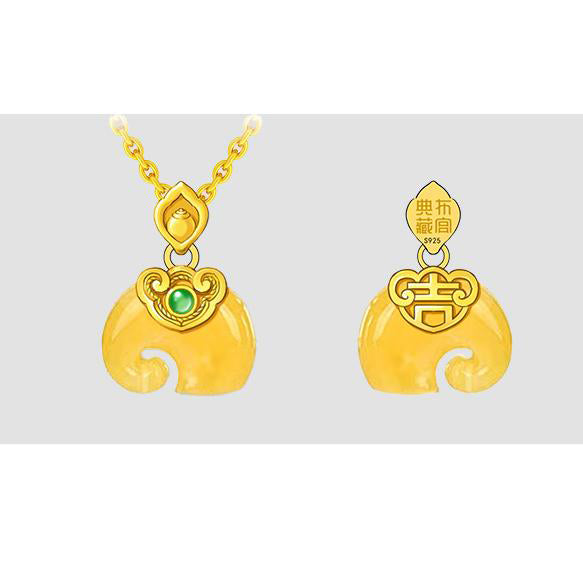 Handmade Amber Elephant Necklace with 925 Silver Accents, Tibetan Style