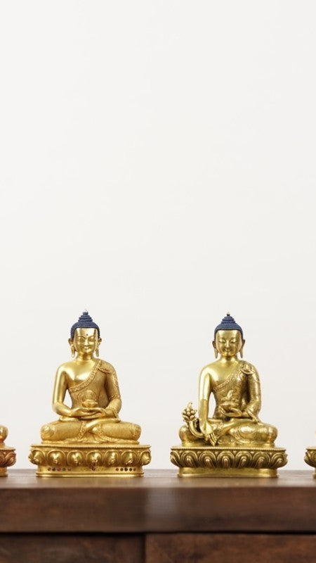 Tibetan Buddhist Amitabha Buddha statue crafted from purple copper with vibrant mineral painting. A symbol of compassion and wisdom.