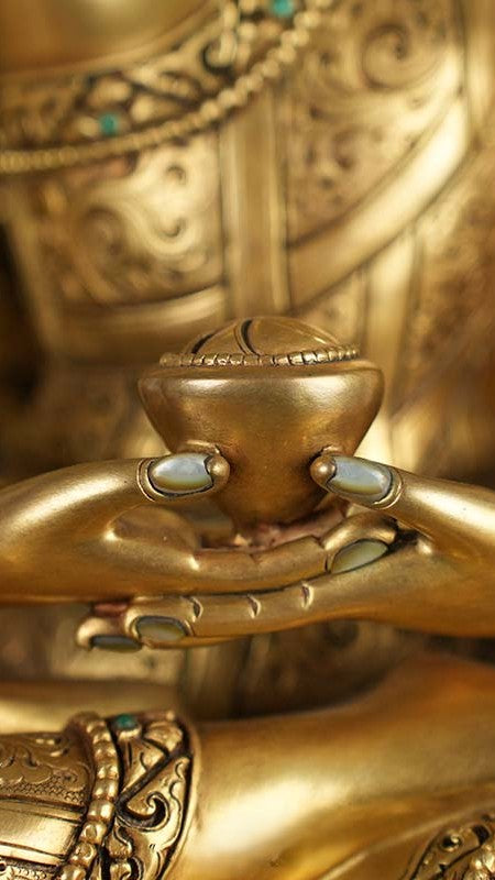 Exquisite Amitabha Buddha Statue in gilded and mineral pigments, hand-painted with Tibetan Buddhist craftsmanship. Ideal for spiritual spaces and collectors.