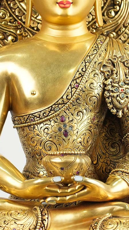 High-quality Amitabha Buddha statue artwork, meticulously handcrafted and hand-painted with gilding and mineral pigments, embodying the spiritual depth and elegance of Tibetan Buddhist art.