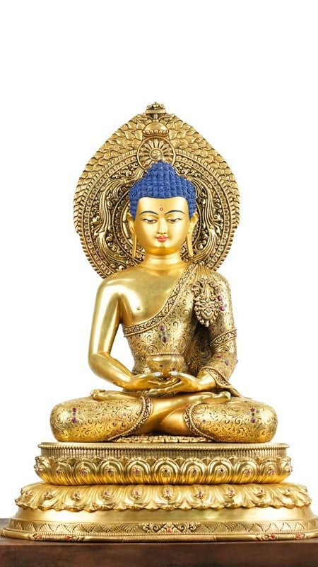 Hand-painted Amitabha Buddha statue, crafted with gilding and mineral pigments, showcasing the beauty of Tibetan Buddhist art with intricate details and a sacred, serene presence.