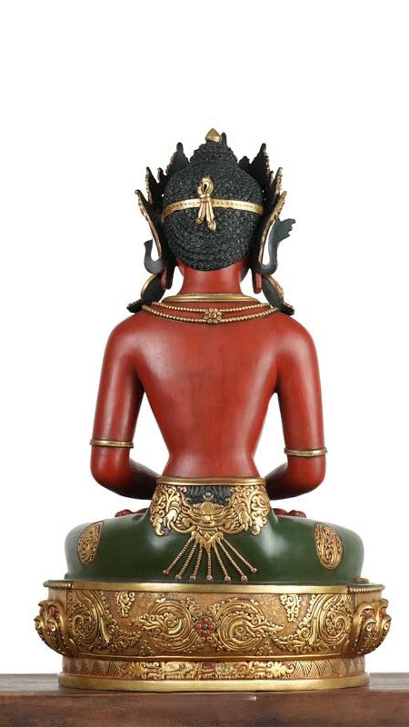 Amitabha Buddha Statue with gilded finish and handcrafted design, radiating spiritual light and wisdom. Ideal for homes, temples, or meditation spaces.