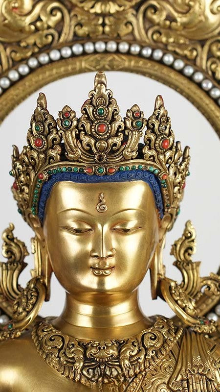 Pure handcrafted Amitabha Buddha Statue, gilded with gold and designed with Tibetan Buddhist artistry. A symbol of compassion and peace for your home or temple.