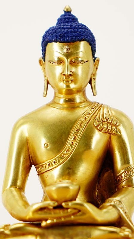 Handcrafted Tibetan Buddhist Amitabha Buddha Statue made from purple copper, featuring intricate detailing and vibrant mineral pigments for a spiritual centerpiece.