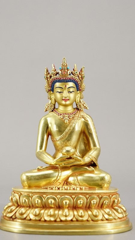 Handcrafted Amitabha Buddha Statue in purple copper with vibrant mineral pigments, a unique Tibetan Buddhist art piece for spiritual spaces.