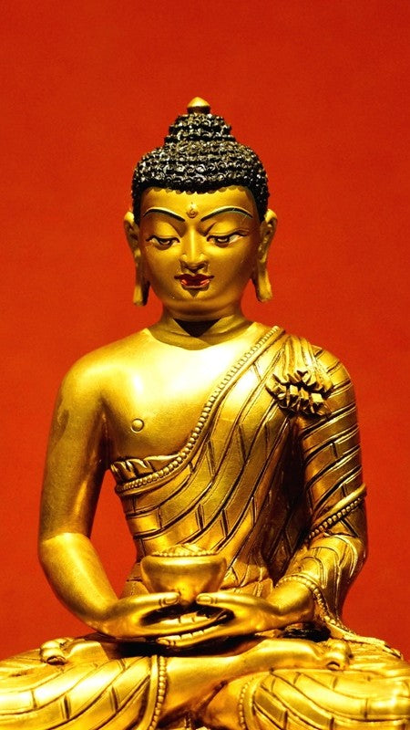 Handcrafted Amitabha Buddha Statue in purple copper, meticulously painted with mineral pigments in Tibetan Buddhist style. Ideal for spiritual spaces.