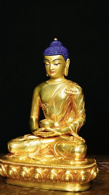 Handcrafted Amitabha Buddha Statue made from purple copper, featuring vibrant mineral pigments and intricate details in Tibetan Buddhist art.