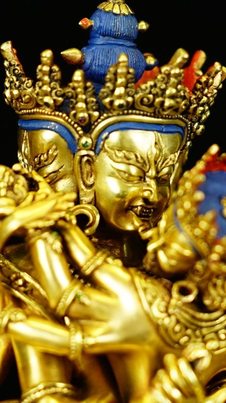 Alt Text: "Handcrafted Tibetan Buddhist Dense Vajra Buddha Statue with gilded finish, representing a powerful guardian deity and traditional Tibetan Buddhist artistry."