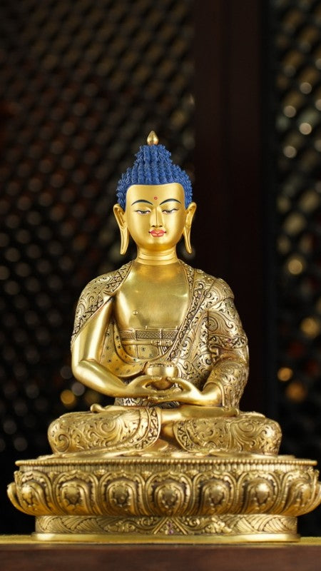 Handcrafted Tibetan Buddhist gilded Amitabha Buddha statue made from purple copper, with vibrant mineral pigments. A perfect spiritual artwork for your home or meditation space.