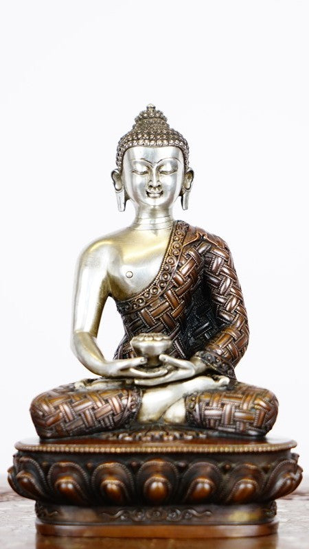Beautifully handcrafted Amitabha Buddha statue in purple copper with mineral pigment painting. This Tibetan Buddhist art piece brings calm and compassion to any sacred space.