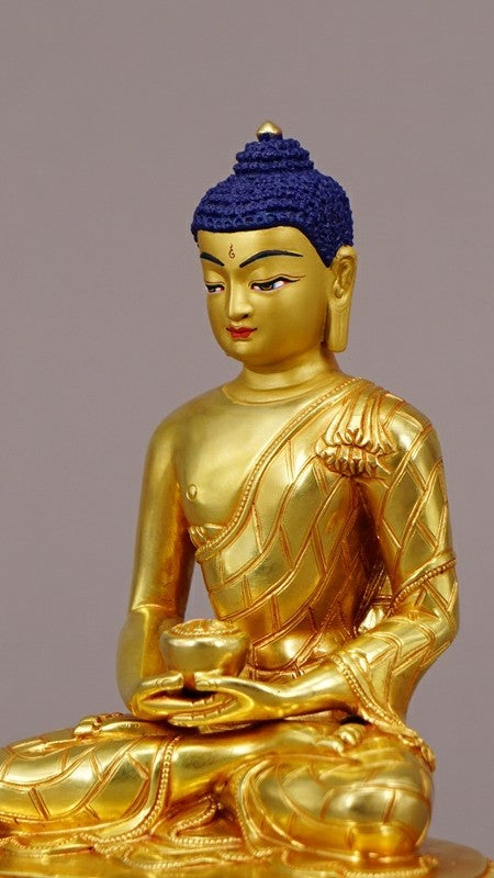 Purple Copper Amitabha Buddha Statue, hand-painted with mineral pigments, a stunning Tibetan Buddhist art piece perfect for spiritual practices and home décor.