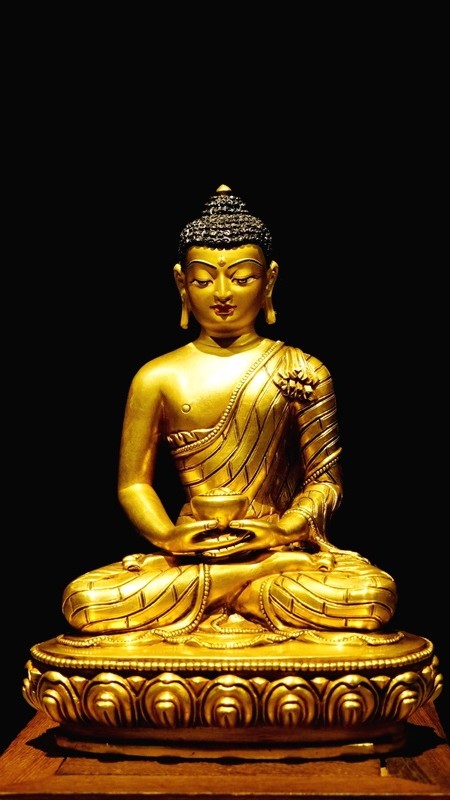 Amitabha Buddha Statue in purple copper, hand-carved and hand-painted with vibrant mineral pigments, a stunning piece of Buddha art for meditation and decor.