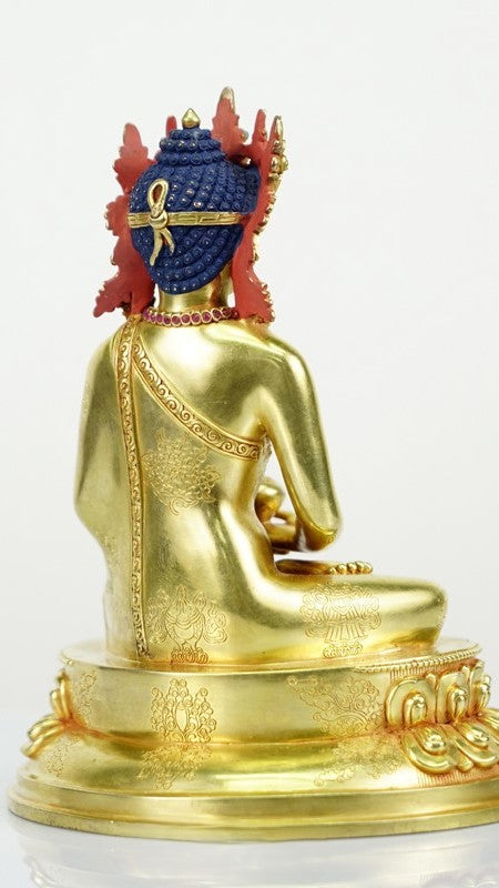 Detailed Amitabha Buddha statue made of purple copper, hand-painted with mineral pigments. A beautiful addition to any spiritual space or meditation corner.