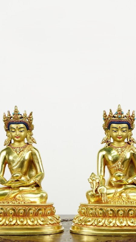 Exquisite Amitabha Buddha statue made from pure copper and painted with mineral pigments, symbolizing peace and spiritual enlightenment in Tibetan Buddhist art.