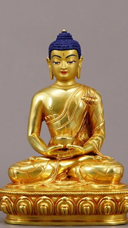 Exquisite Amitabha Buddha handcrafted from purple copper, featuring hand-painted details with mineral pigments. Ideal for meditation and spiritual spaces.