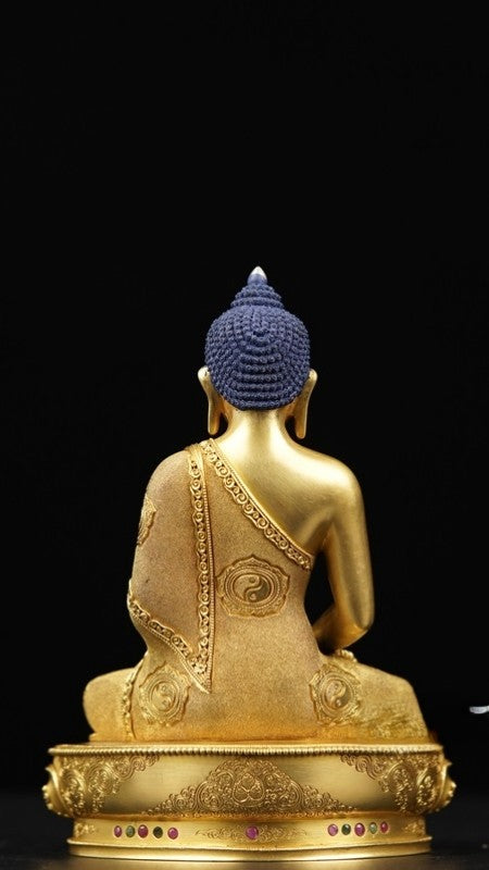 Handcrafted Buddha statue in purple copper, painted with mineral pigments, representing Amitabha Buddha in Tibetan Buddhist art.