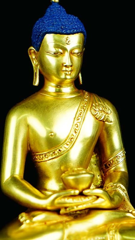 Artistic depiction of Amitabha Buddha in Tibetan Buddhist style, made with purple copper and painted with rich mineral pigments, offering peace and spiritual enlightenment.