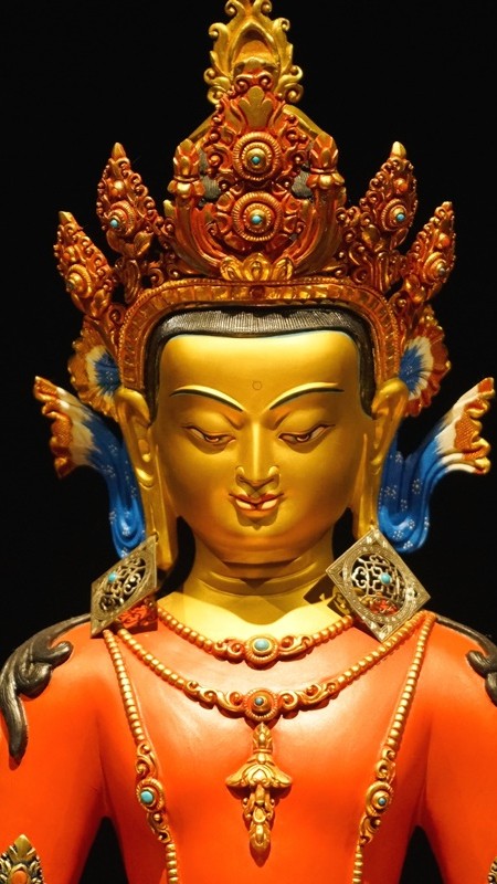 Amitabha Buddha statue made of purple copper with mineral pigment painting, meticulously handcrafted, symbolizing Tibetan Buddhist faith and wisdom, ideal for adding a sacred aura to your home or temple.