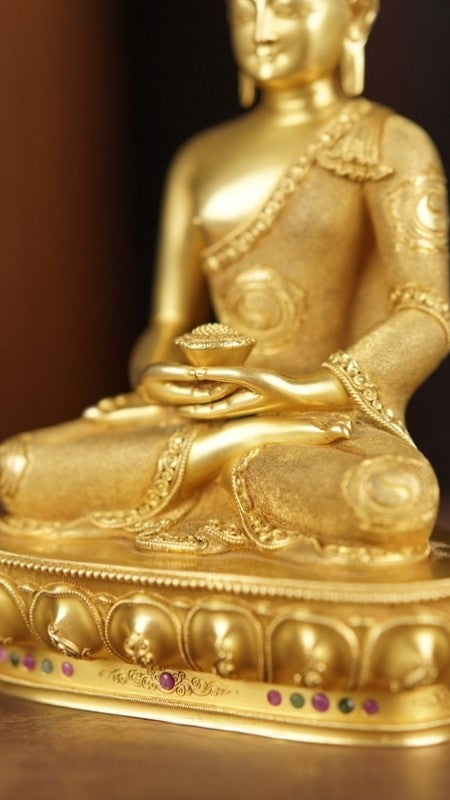 Amitabha Buddha statue in purple copper, handcrafted and painted with mineral pigments. A unique piece of Tibetan Buddhist art for your shrine or home.