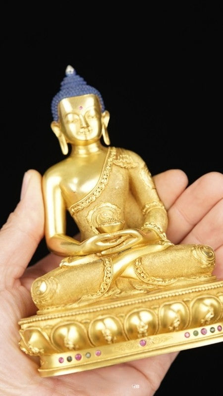 13cm Amitabha Buddha statue, handcrafted from purple copper and painted with mineral pigments. Ideal for spiritual spaces and collectors.