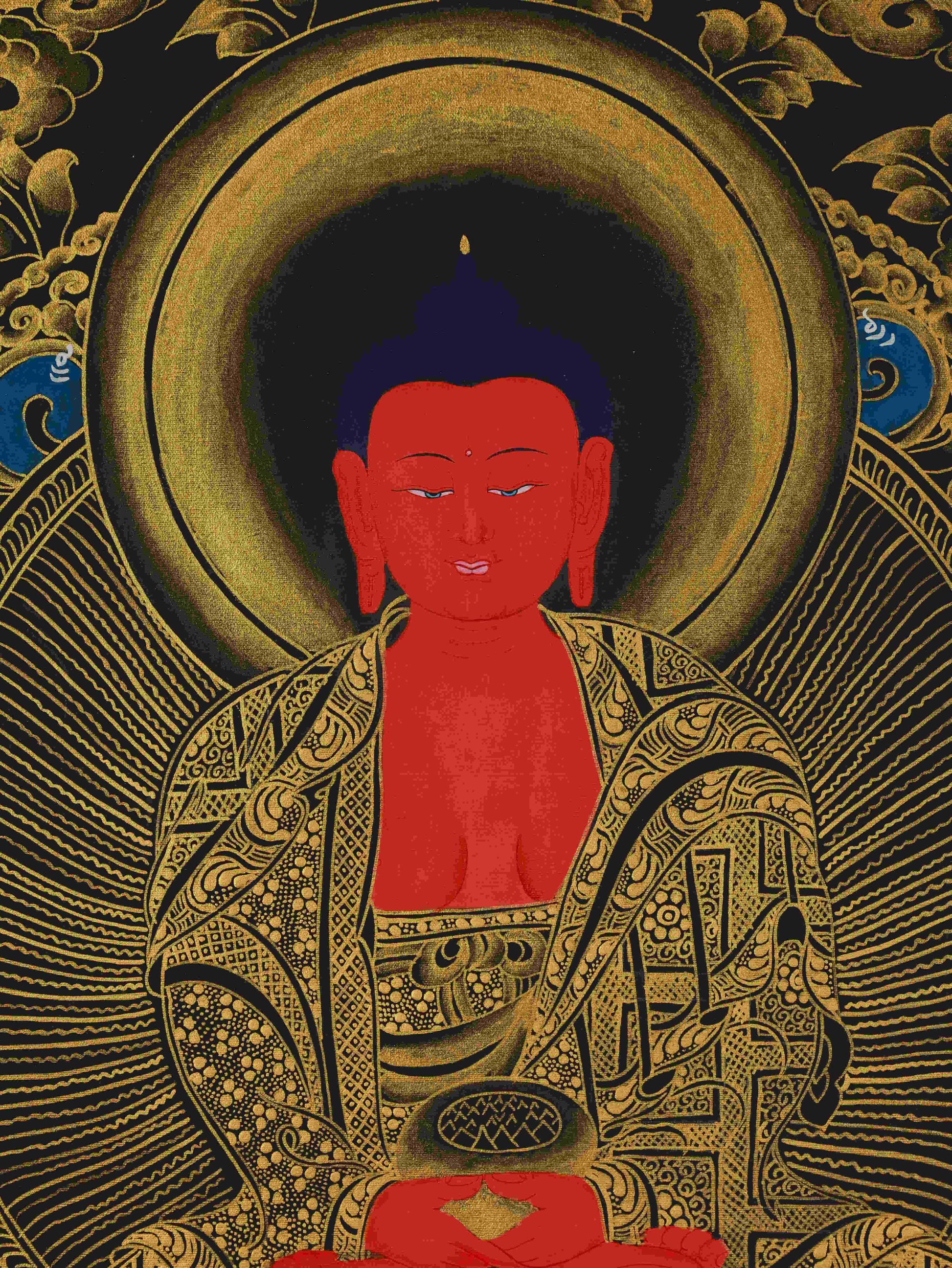 Black and Gold Amitabha Buddha Tibetan Thangka Artwork – hand-painted sacred art representing pure land enlightenment.