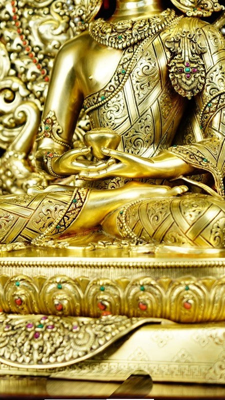 Handmade Amitabha Buddha statue with gilded finish and mineral pigments, exuding spiritual serenity and Tibetan Buddhist symbolism, perfect for collectors and spiritual practitioners.