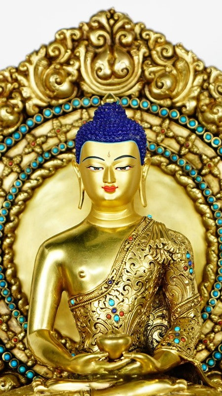 Beautiful handcrafted Tibetan Buddhist Amitabha Buddha statue in purple copper, featuring detailed mineral paintwork. Ideal for meditation and prayer rooms. 