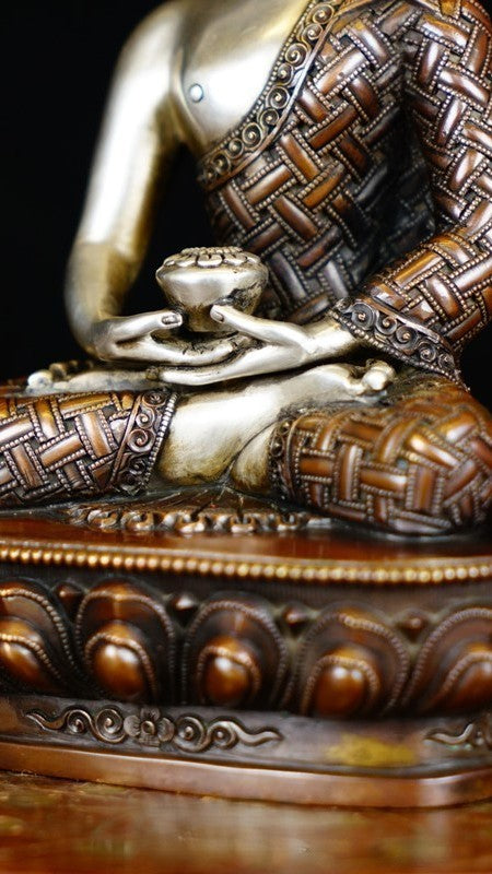 Handcrafted Amitabha Buddha statue with mineral pigment painting on purple copper, a magnificent work of Tibetan Buddhist art that represents wisdom, protection, and peace.