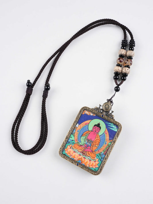 Mini Amitabha Buddha Thangka painting on canvas crafted with mineral pigments.