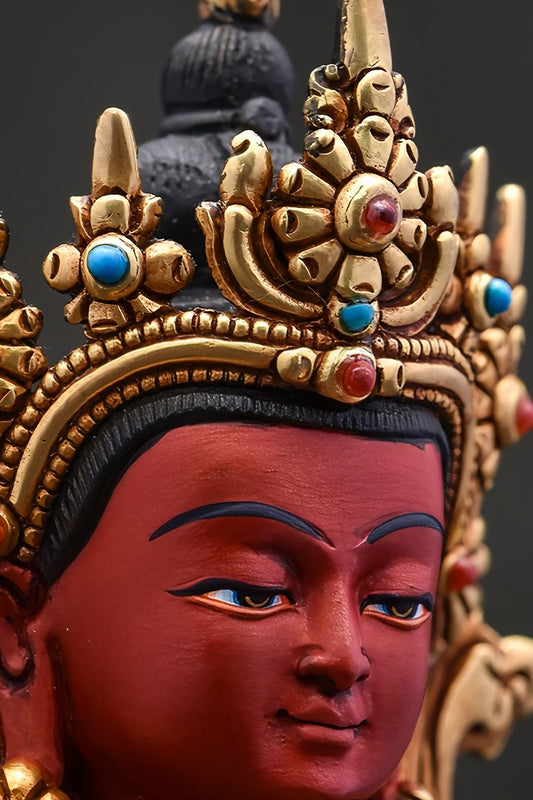 Handmade tibetan-buddhist Amitayus longevity Buddha statue in pure copper with mineral pigments, Tibetan Buddha art for long life and blessings.