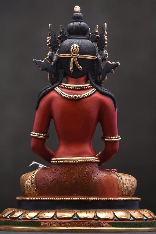 Tibetan Buddhist Amitayus statue in hand-painted mineral pigments on gilded brass, a masterpiece of Buddhist art symbolizing long life.